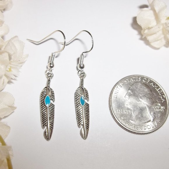 Silver & Turquoise Blue Feather Earrings Set 5374 - Picture 2 of 7